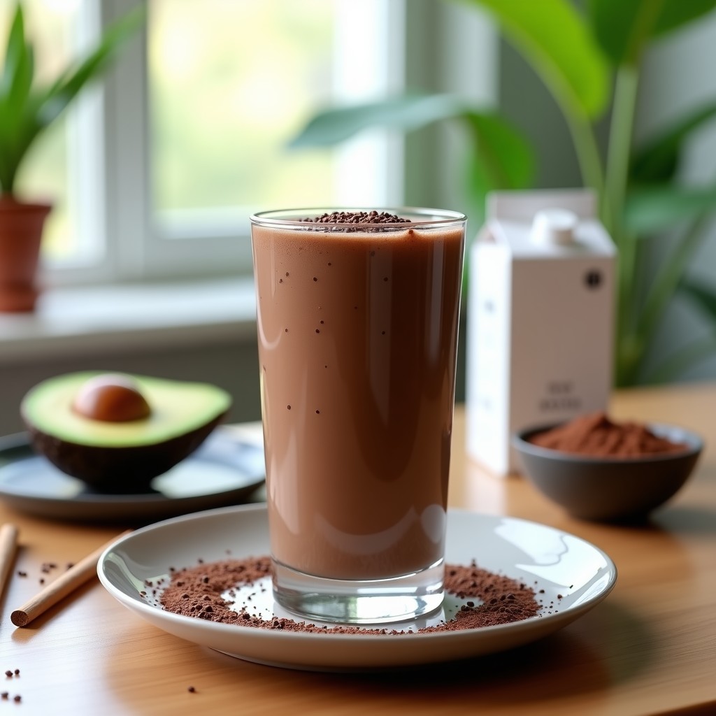 Vaso alto transparente con batido de cacao puro y aguacate, espumoso y de color marrón oscuro, decorado con semillas de chía y cacao en polvo. Fondo con ingredientes: aguacate abierto, cacao en polvo y leche de coco.