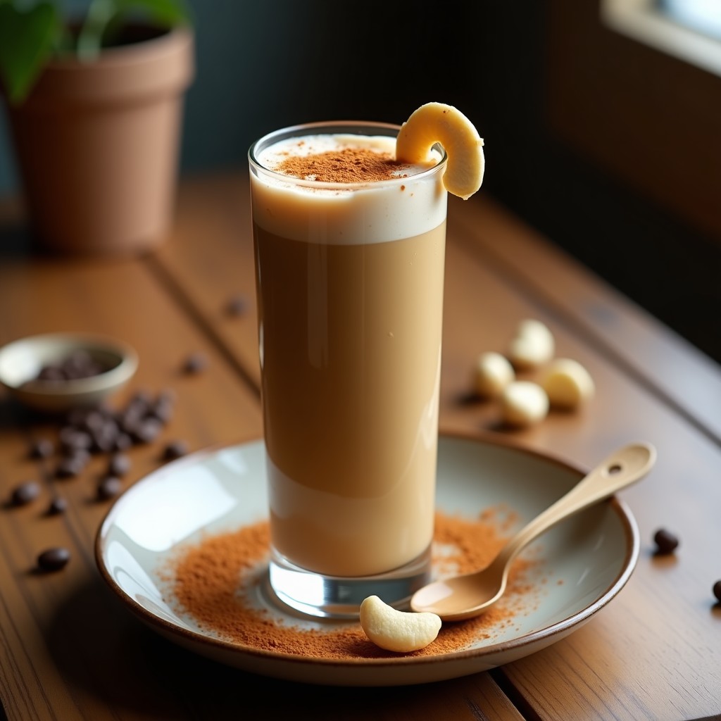 Vaso alto transparente con batido de café con leche de anacardos y canela, espolvoreado con canela en polvo y decorado con una rodaja de anacardo tostado. Fondo de madera rústica con granos de café y una cuchara de madera. Bebida keto sin lácteos y alta en energía.
