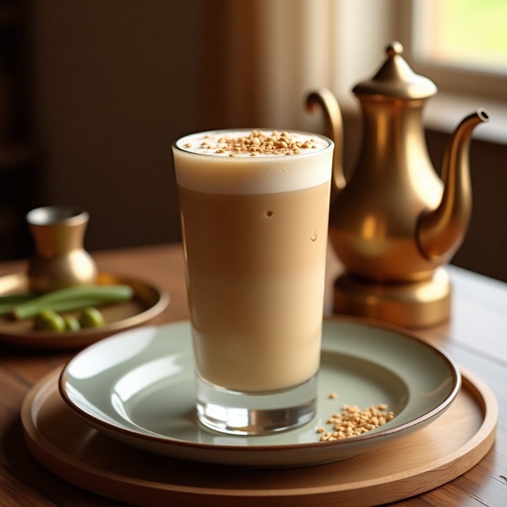 Vaso alto transparente con batido de café arábico y cardamomo, coronado con espuma cremosa y semillas de sésamo tostado. Fondo de dunas del desierto y taza de café árabe tradicional a un lado. Bebida energética del desierto.