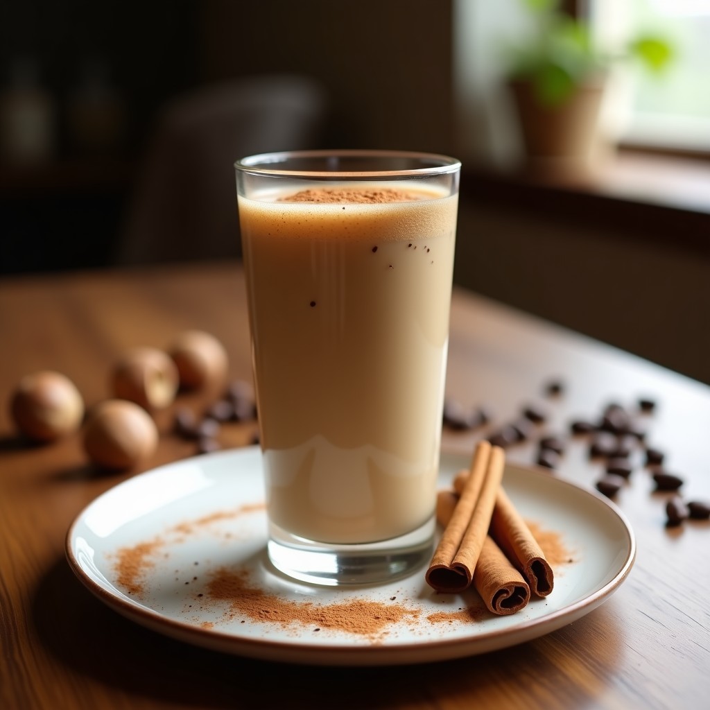 Vaso alto transparente con batido de café con leche de avellanas y canela, espolvoreado con canela en polvo, servido sobre una mesa de madera con avellanas y granos de café de fondo, bebida energizante sin lactosa para post-entreno.