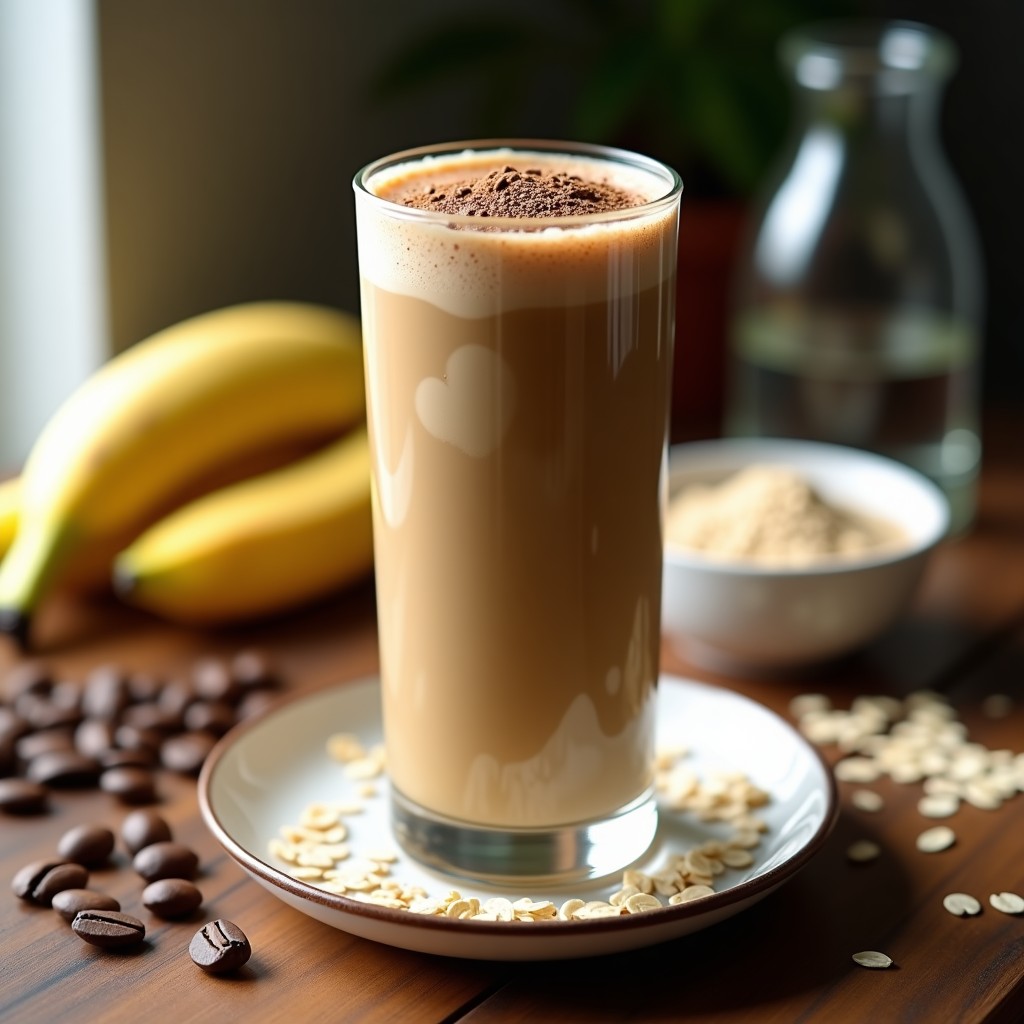 Vaso alto transparente con batido espumoso de café y avena, color marón claro con vetas cremosas, decorado con semillas de chía y canela en polvo. Fondo con ingredientes: plátano, avena, proteína en polvo y granos de café. Receta de desayuno energético para deportistas.