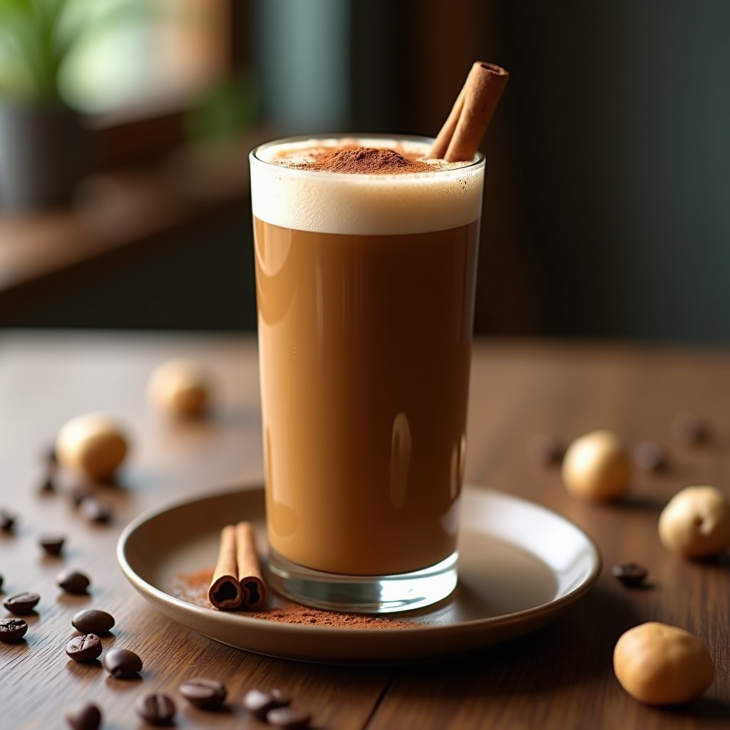 Vaso alto transparente con batido de café bulletproof keto espumoso, coronado con una pizca de canela en polvo, sobre una mesa de madera rústica con granos de café y anacardos al lado.