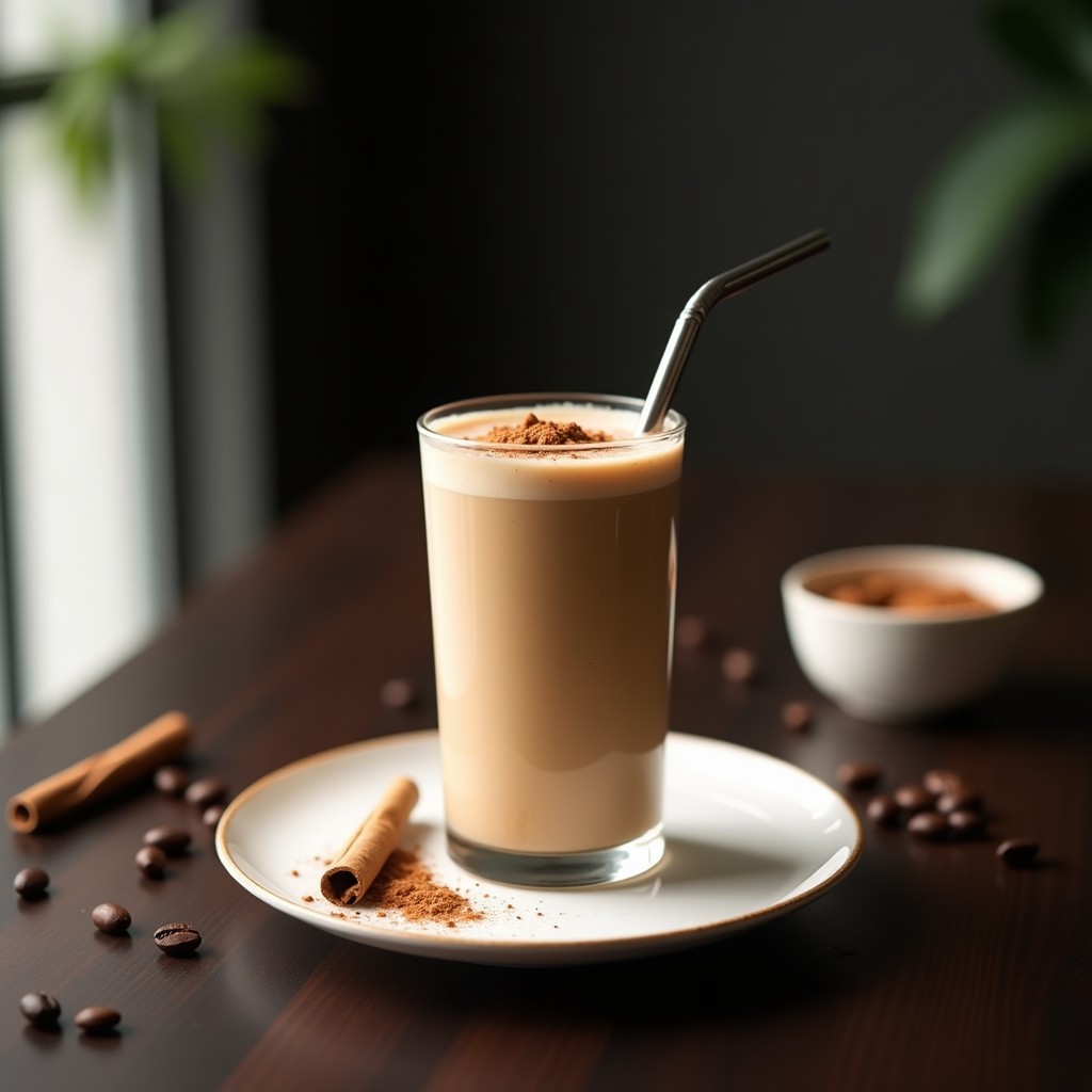 Vaso alto transparente con batido cremoso de color marrón claro, espolvoreado con canela y semillas de cáñamo tostadas, servido con una pajita de metal sobre fondo oscuro. Receta de batido de café y canela con proteína de guisante vegana.