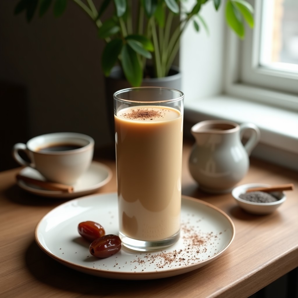 Vaso alto transparente con batido de café y dátiles de color marrón claro, espolvoreado con canela, sobre una mesa de madera rústica con granos de café y dátiles al lado. Receta de desayuno energizante sin lactosa y alta en fibra.