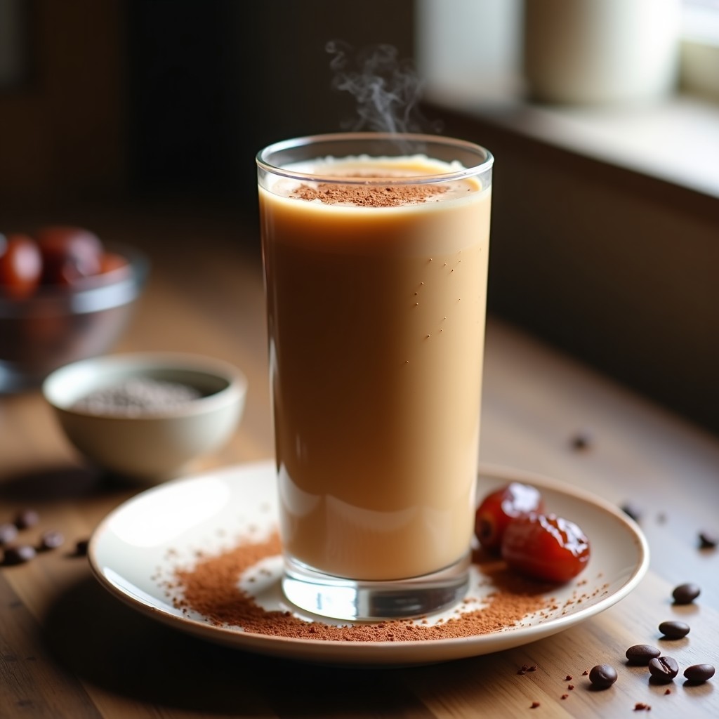 Vaso alto transparente con batido de café y dátiles, espumoso y cremoso, decorado con semillas de chía y una pizca de canela en polvo. Al fondo, dátiles y granos de café como elemento decorativo.