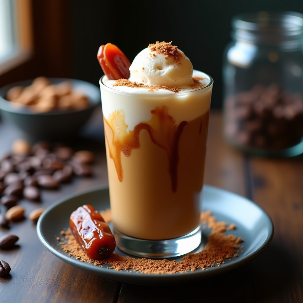 Vaso alto transparente con batido cremoso de café y dátiles, coronado con helado de almendras derritiéndose ligeramente, espolvoreado con canela y decorado con una rodaja de dátil. Fondo de madera oscura con granos de café y almendras esparcidas.