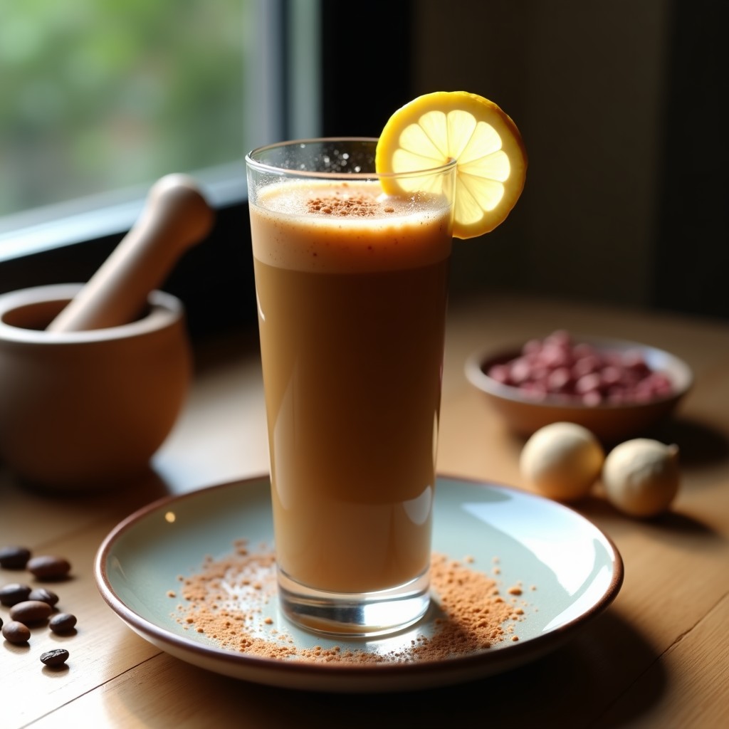 Vaso alto transparente con batido de café frío espumoso, decorado con canela en polvo y una rodaja de limón. Fondo con granos de pimienta rosa y nuez moscada rallada, receta de bebida energética post-entreno con protein powder y especias.