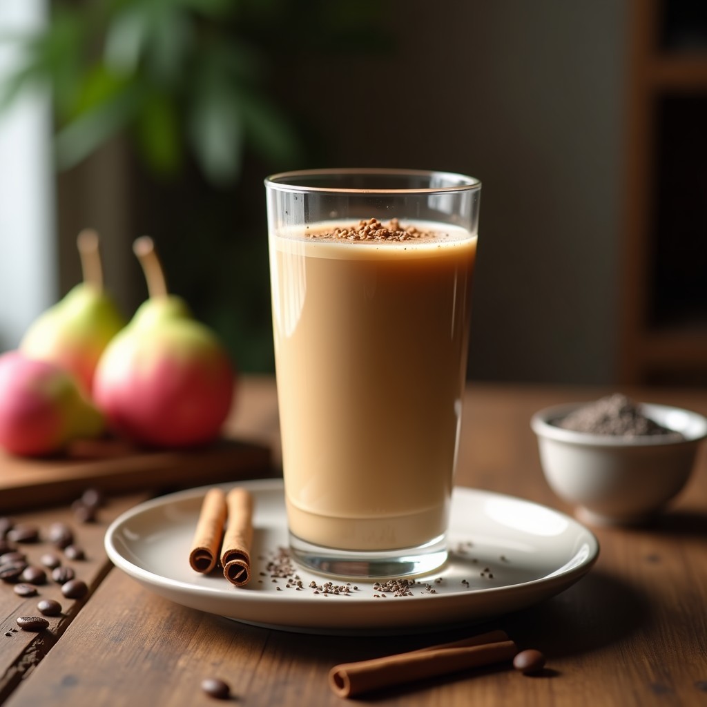 Vaso alto transparente con batido de café y higo chumbo, coronado con semillas de chía y una pizca de canela. Textura cremosa y color marrón claro con vetas rosadas de la pulpa de higo chumbo. Fondo con ingredientes dispersos: higos chumbos pelados, granos de café y semillas de chía.