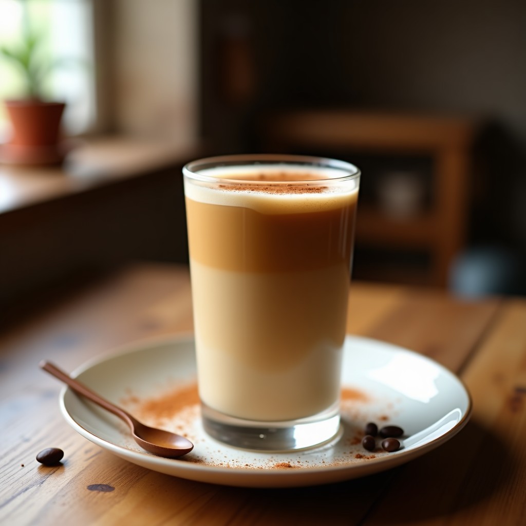 Vaso alto transparente con batido de café y hongos Lion’s Mane, textura cremosa y espuma ligera, decorado con canela en polvo sobre fondo de madera rústica. Bebida energética para el cerebro con tonos marrones y beige.