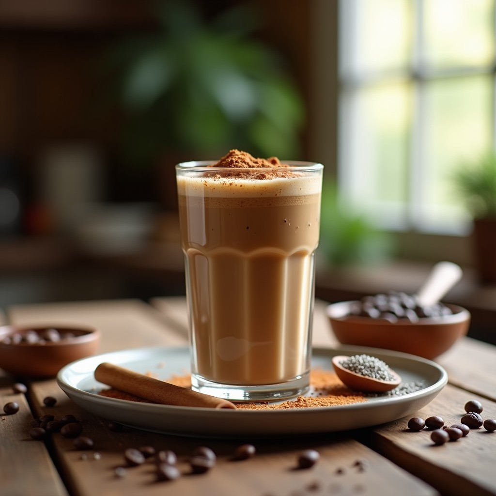 Vaso alto de cristal con batido de café y proteína vegana, espumoso y cremoso, decorado con canela y semillas de chía, sobre una mesa rústica con granos de café y una cuchara de madera.