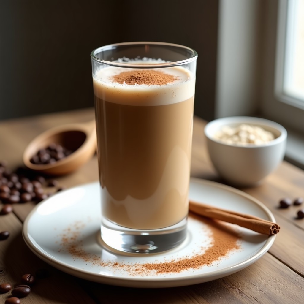 Batido de café con proteína y avena keto servido en un vaso alto de cristal con pajita de metal, decorado con una pizca de canela en polvo y semillas de chía en la superficie. Fondo claro con ingredientes dispersos: granos de café, avena y proteína en polvo.