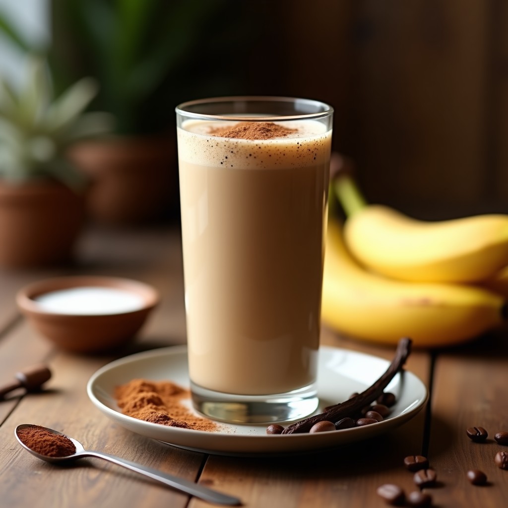 Vaso alto transparente con batido de café con proteína y banana keto, espuma cremosa en la superficie, decorado con canela en polvo y semillas de chía. Fondo con ingredientes: banana, cacao y granos de café.