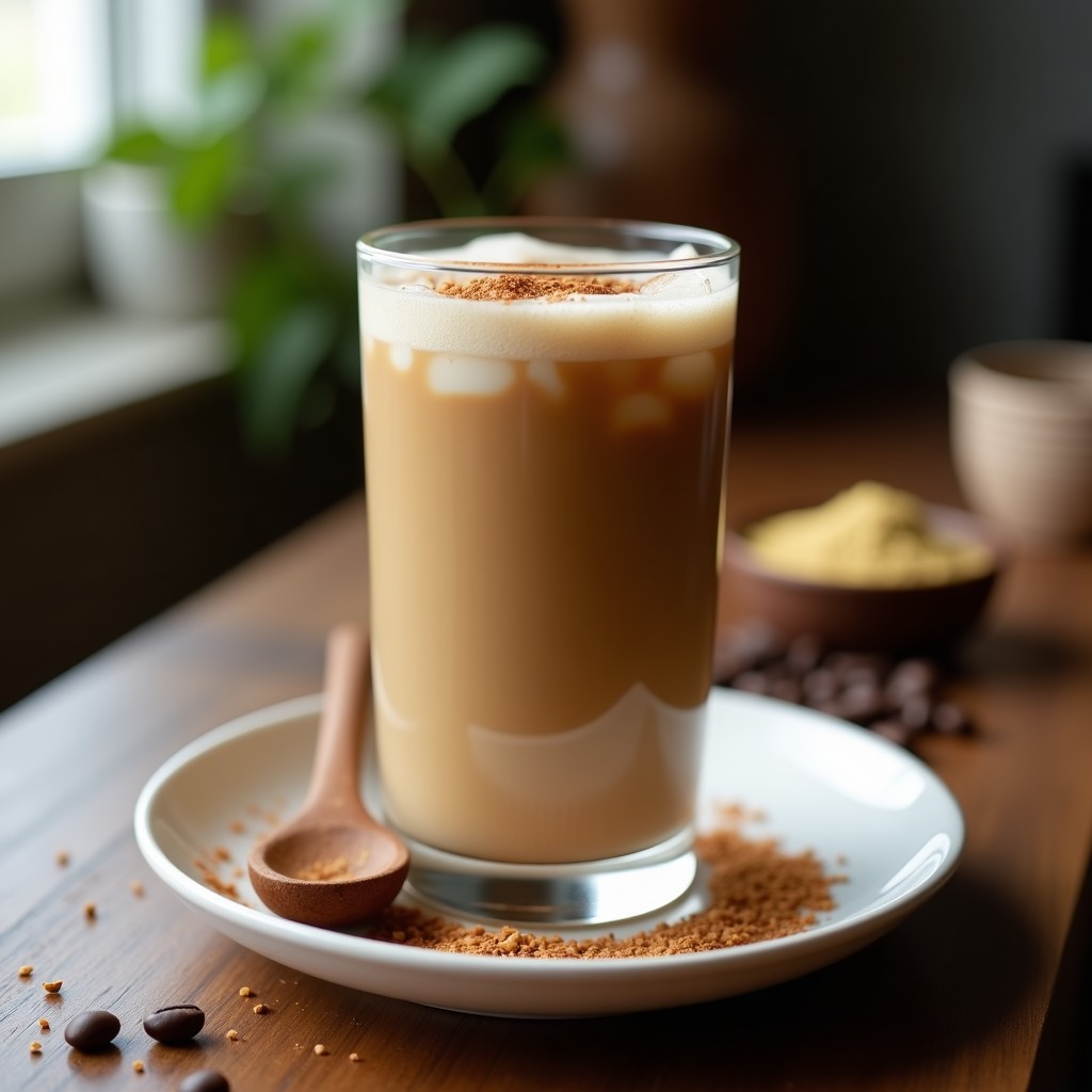 Vaso alto transparente con batido de café con proteína y cardamomo, espuma cremosa en la superficie, espolvoreado con canela y semillas de cardamomo. Fondo con granos de café y cuchara de madera.