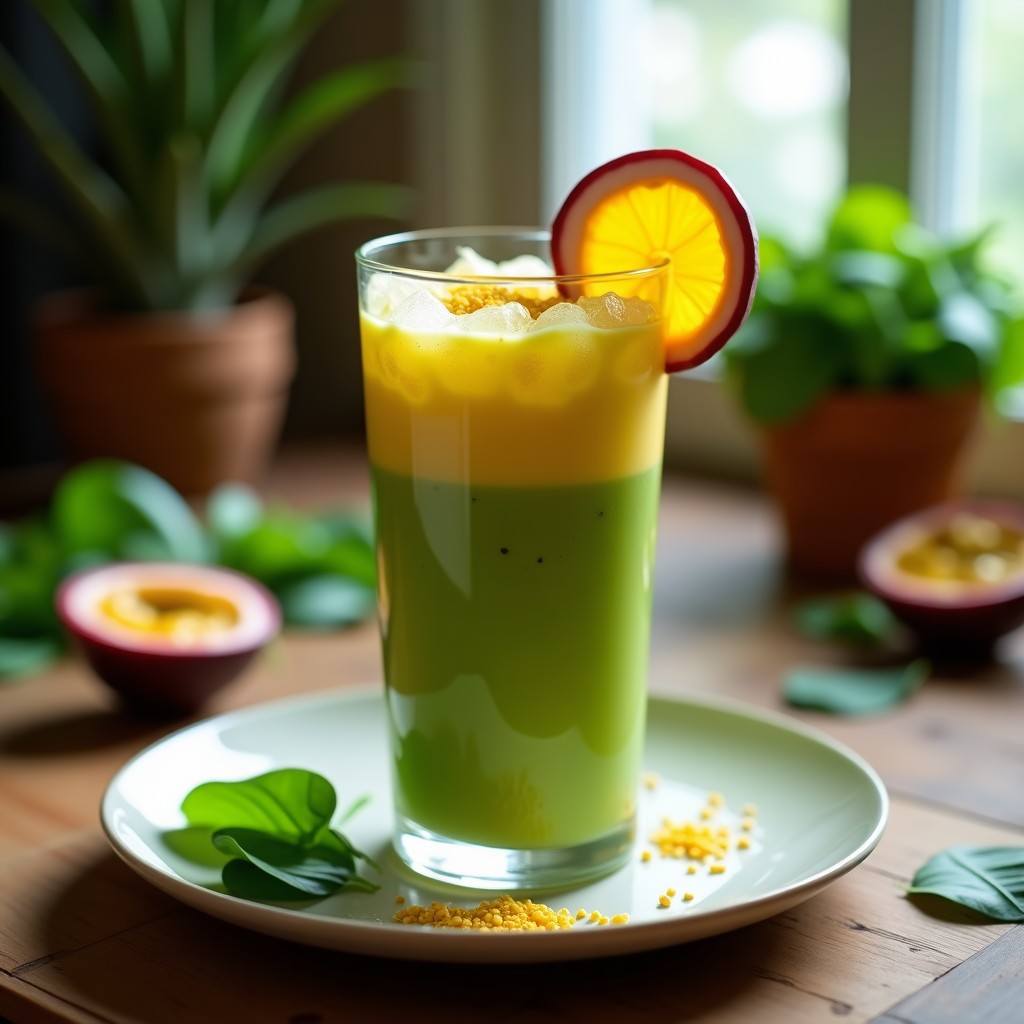 Vaso alto transparente con batido verde vibrante de camu camu y maracuyá, decorado con semillas de sacha inchi y una rodaja de maracuyá, sobre una mesa de madera rústica con hojas de espinaca fresca y un fondo borroso de cocina natural.