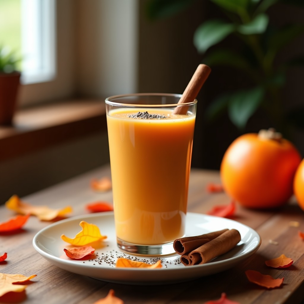 Vaso alto de cristal con batido de caqui y cardamomo con leche de almendras, espolvoreado con semillas de chía y decorado con una rama de canela, sobre una mesa de madera rústica con hojas de otoño al fondo.