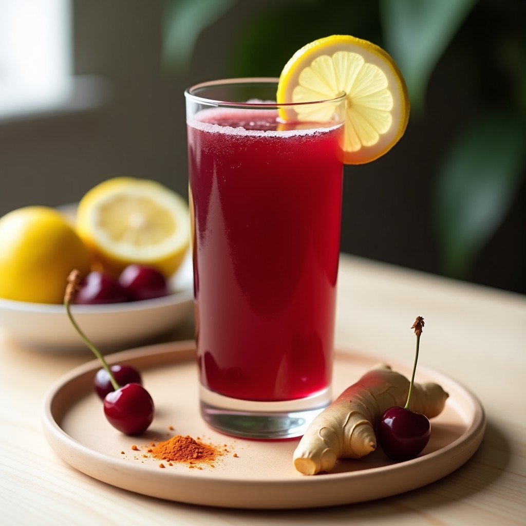 Vaso alto de cristal con batido de cereza ácida y jengibre, color rojo intenso, decorado con rodaja de limón y pizca de pimienta de cayena, sobre fondo de madera clara con cerezas frescas y jengibre al lado.