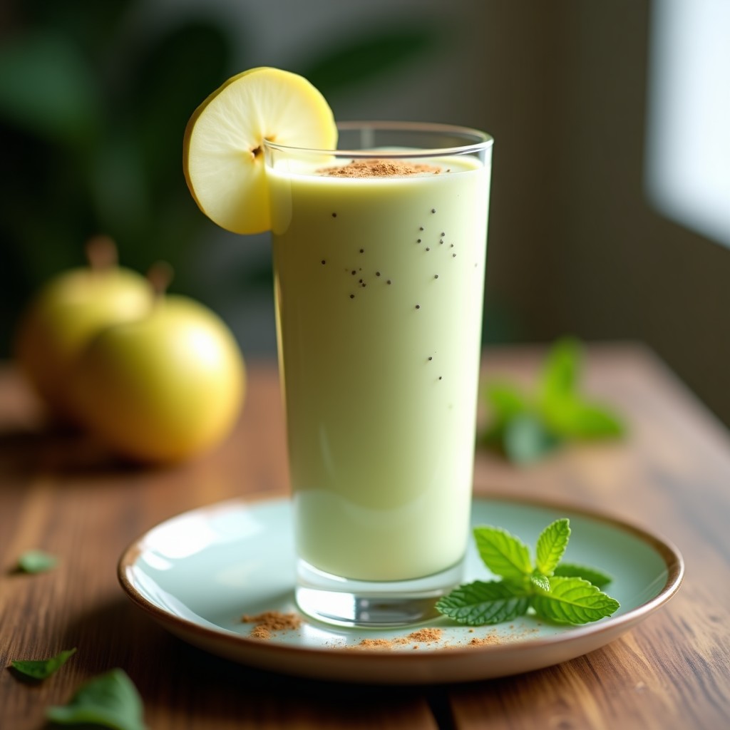 Vaso alto de cristal con batido de chirimoya y leche de almendras, bebida escudilla sin lácteos, decorado con semillas de chía y canela en polvo, sobre una mesa rústica de madera con una chirimoya abierta y hojas verdes de fondo.