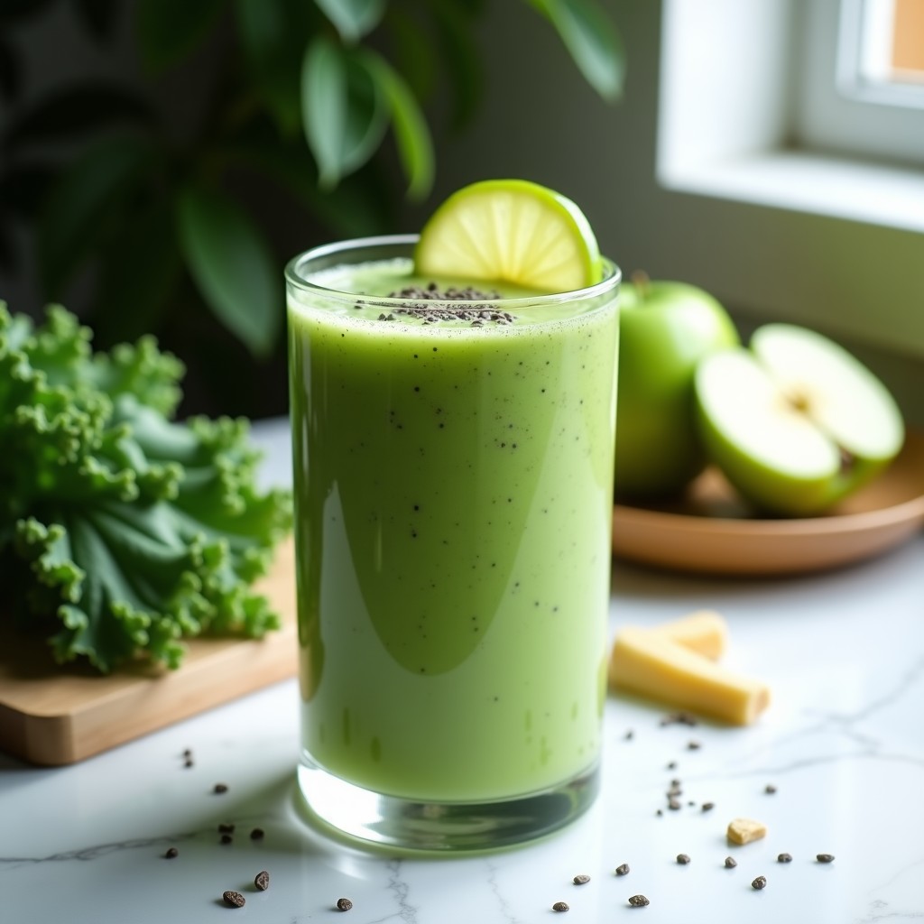 Vaso alto transparente con batido verde vibrante de col rizada, manzana verde y jengibre, decorado con una rodaja de limón y semillas de chía. Fondo blanco con hojas de col rizada frescas alrededor.