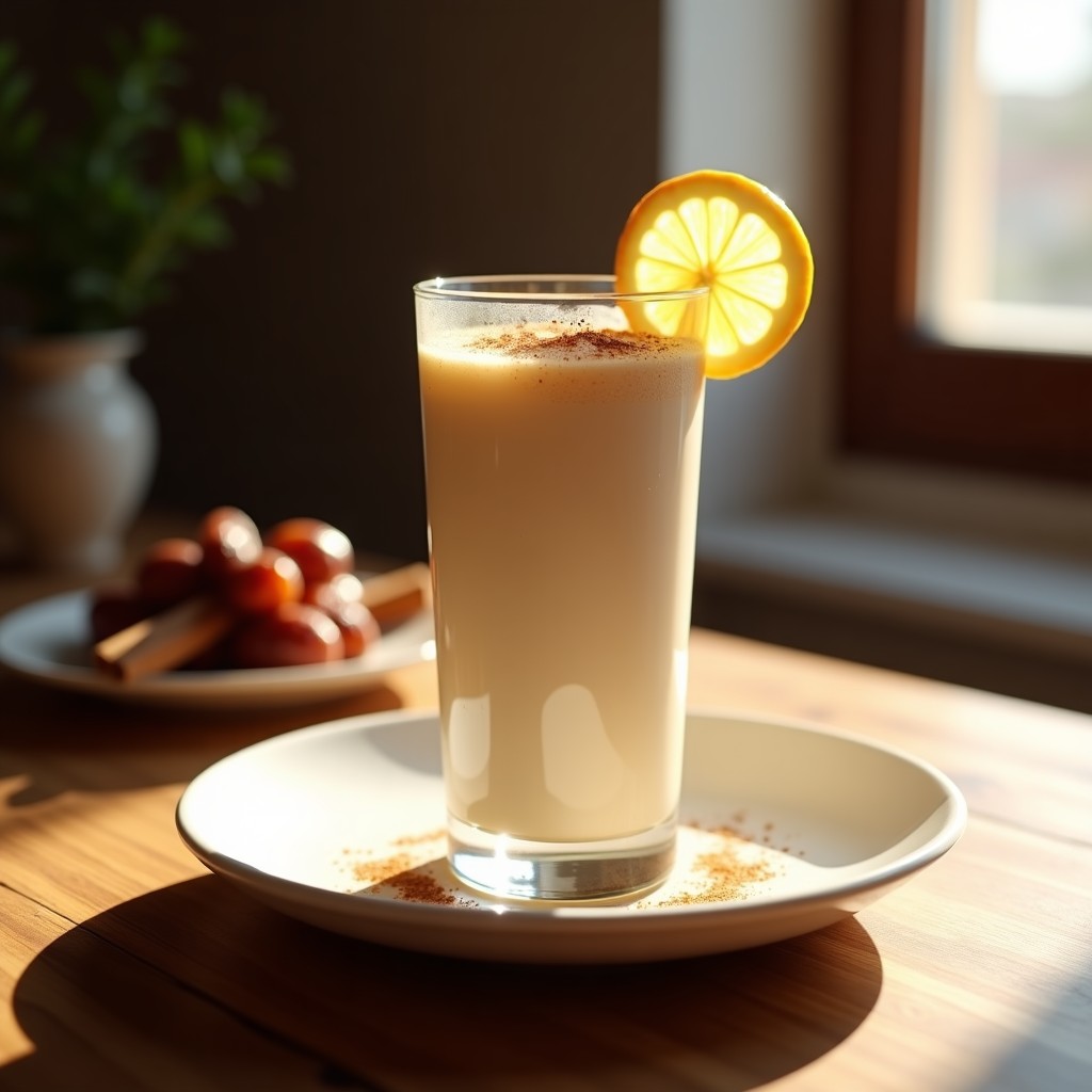Vaso alto de cristal con batido de Córdoba espumoso, color beige claro, decorado con canela en polvo y una rodaja de limón. Al fondo, almendras tostadas y dátiles sobre una mesa de madera rústica con luz natural.