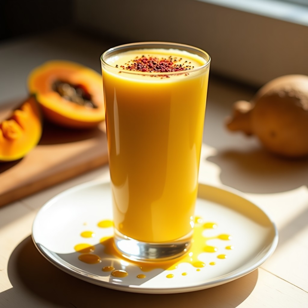 Vaso alto transparente con batido cremoso de color dorado intenso, decorado con una pizca de cúrcuma y pimienta rosada en la superficie. Al fondo, trozos de lechosa fresca y una rodaja de jengibre sobre una tabla de madera rústica. Luz natural que resalta los tonos cálidos de la bebida antiinflamatoria.