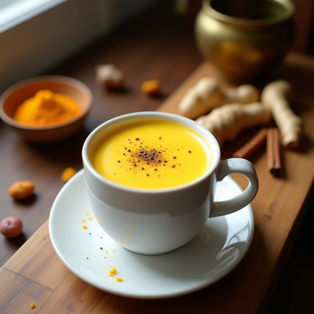 Vaso de cristal alto con batido dorado de cúrcuma y jengibre con leche de camello, decorado con una pizca de cúrcuma en polvo y una rodaja de jengibre fresco sobre una mesa de madera rústica con especias al fondo.