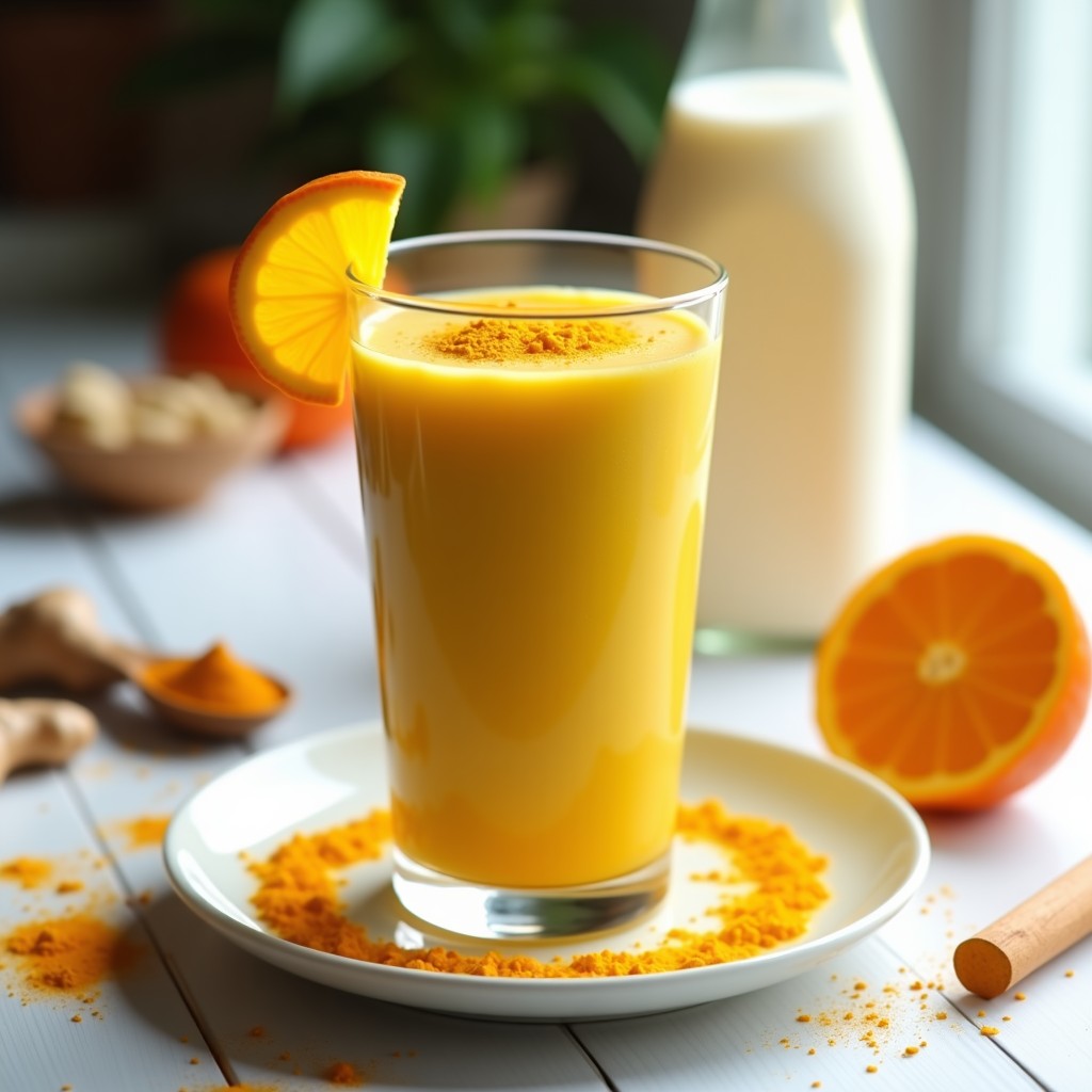 Vaso alto transparente con batido de cúrcuma y naranja de color dorado intenso, espuma cremosa en la superficie, decorado con una rodaja de naranja y una pizca de cúrcuma en polvo, sobre un fondo de madera rústica con ingredientes dispersos como semillas de chía y jengibre fresco.