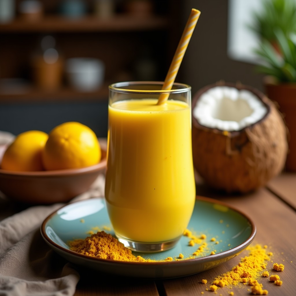 Taza de cerámica blanca con batido dorado de Golden Milk en polvo, espolvoreado con canela y cúrcuma, sobre fondo de madera rústica con ingredientes en polvo alrededor.