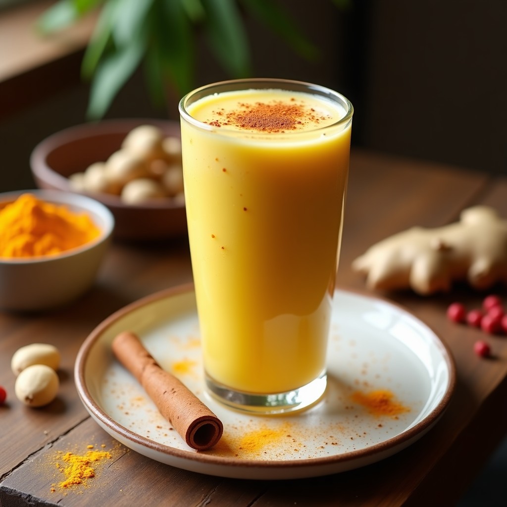 Batido dorado cremoso servido en un vaso alto de cristal con hielo, espolvoreado con canela y pimienta rosa, sobre una mesa de madera con ingredientes como cúrcuma en polvo, jengibre fresco y nueces de macadamia al fondo. Bebida Golden Antiestrés.