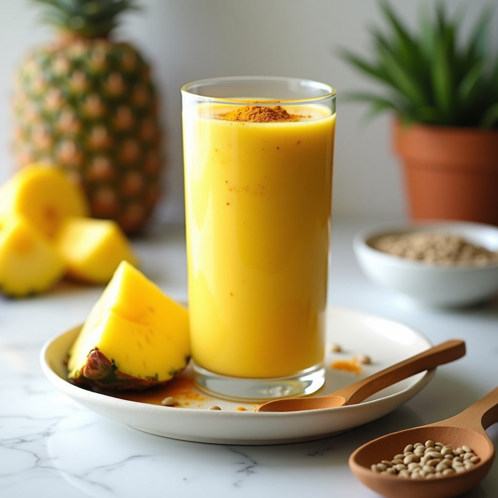 Vaso alto de cristal con batido cremoso de color amarillo dorado, decorado con semillas de cáñamo y una pizca de cúrcuma en polvo, sobre un fondo blanco con trozos de piña fresca y una cuchara de madera.