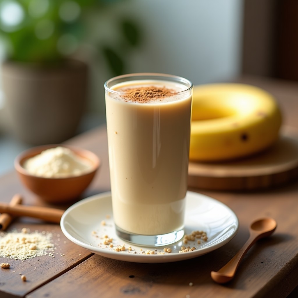 Vaso alto de cristal con batido cremoso de color beige claro, decorado con canela en polvo y semillas de chía. Fondo con ingredientes: plátano, Einemehl y cucharita de canela.