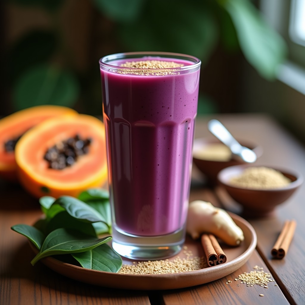Vaso alto transparente con batido de espinaca morada y papaya, color morado intenso con vetas verdes, decorado con semillas de cáñamo y una pizca de canela en polvo, sobre una mesa de madera rústica con ingredientes frescos al lado.