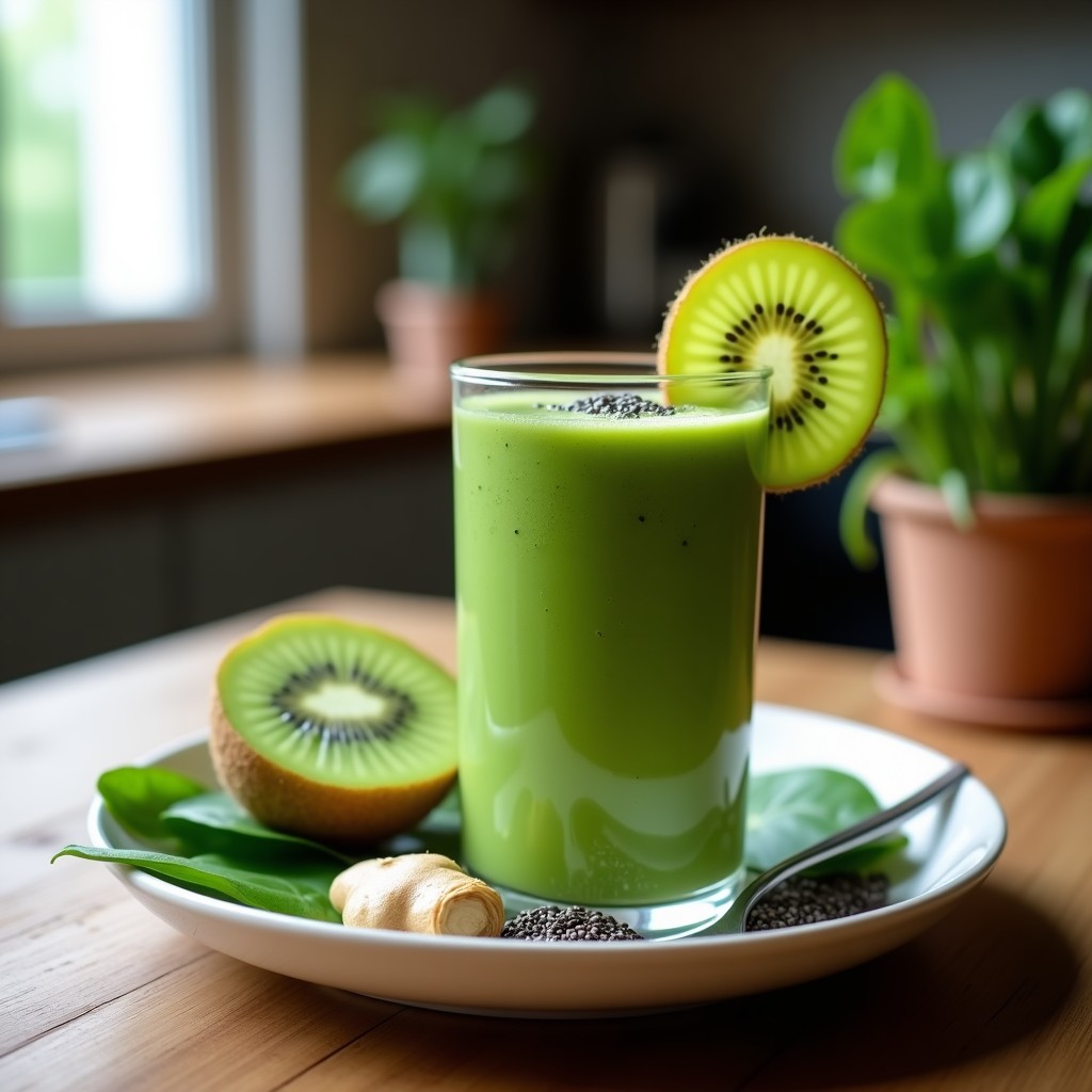 Vaso alto transparente con batido verde vibrante de espinacas, kiwi dorado y jengibre, decorado con semillas de cáñamo y una rodaja de kiwi, sobre fondo de madera rústica con hojas frescas de espinaca y un trozo de jengibre al lado. Bebida detox para el sistema inmune.