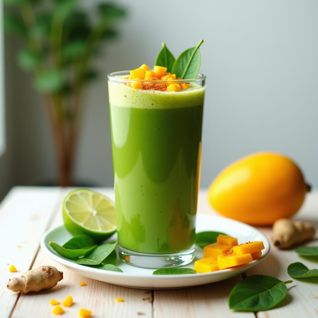 Vaso alto transparente con batido verde vibrante de espinacas y mango, decorado con trozos de mango fresco y un toque de pimienta de cayena. Fondo claro con hojas de espinacas y rodajas de limón como acompañamiento. Bebida detox y energética para el desayuno.
