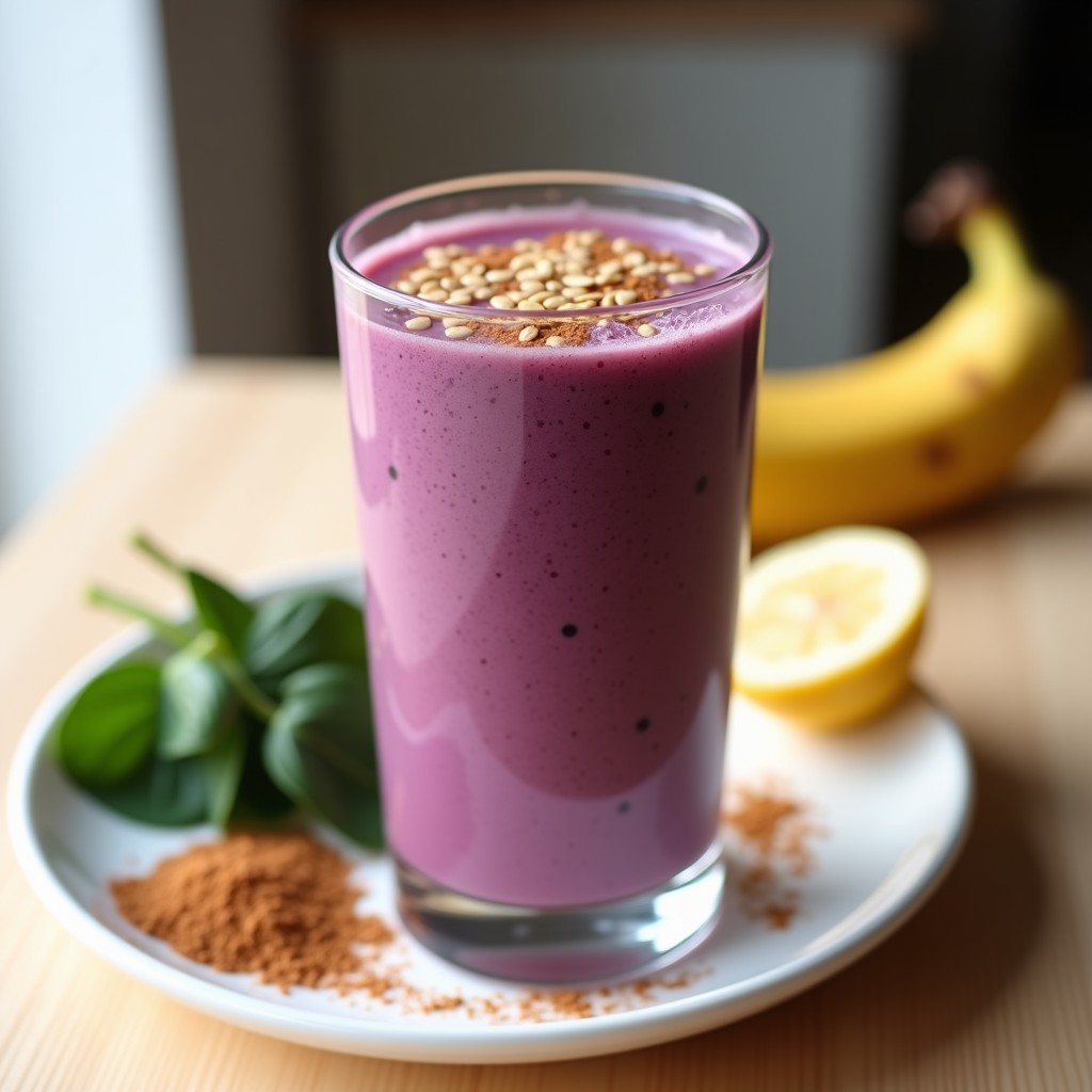 Vaso alto de cristal con batido de espinacas moradas y leche de avena, de color violeta intenso, decorado con semillas de lino dorado y una pizca de canela. Fondo con espinacas moradas frescas y un plátano cortado por la mitad sobre una encimera de madera clara.