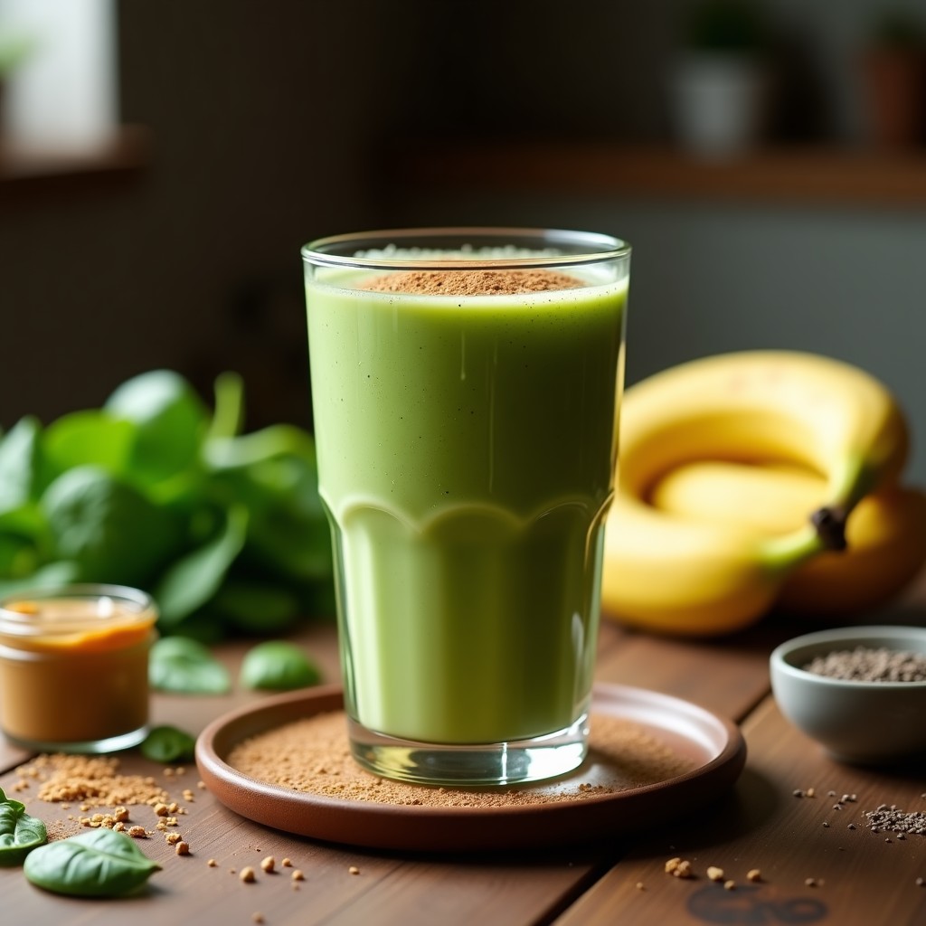 Vaso alto de cristal con batido verde cremoso de espinacas, plátano y cacahuete, decorado con semillas de chía y un toque de canela, sobre fondo de madera rústica con ingredientes frescos alrededor.