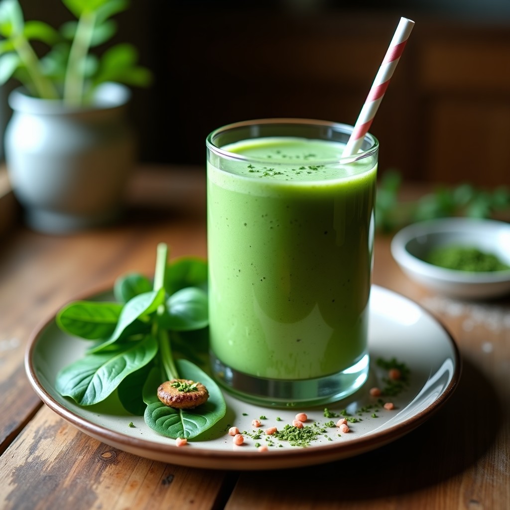 Vaso alto de cristal con batido verde cremoso de espinaca, espirulina y leche de coco, decorado con semillas de cáñamo y una rodaja de limón, sobre fondo blanco con hojas de espinaca fresca.