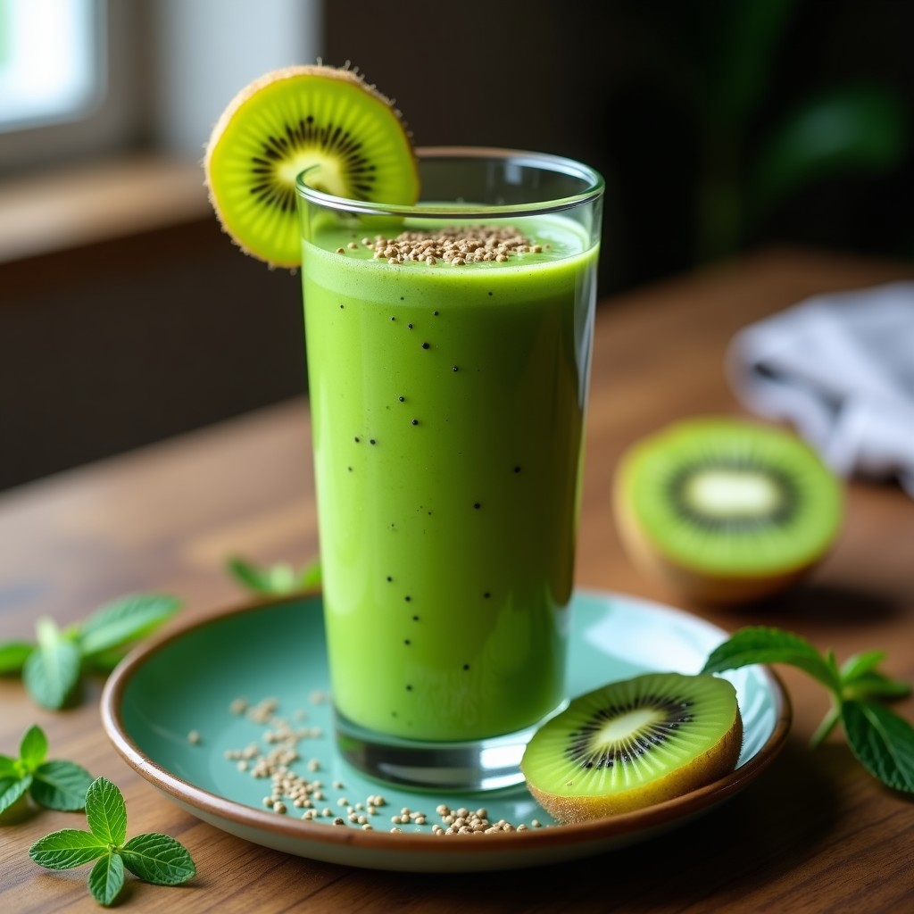 Vaso alto transparente con batido verde esmeralda de espirulina y kiwi, decorado con rodajas de kiwi y una pizca de espirulina en polvo, sobre fondo de madera con hojas de menta fresca.
