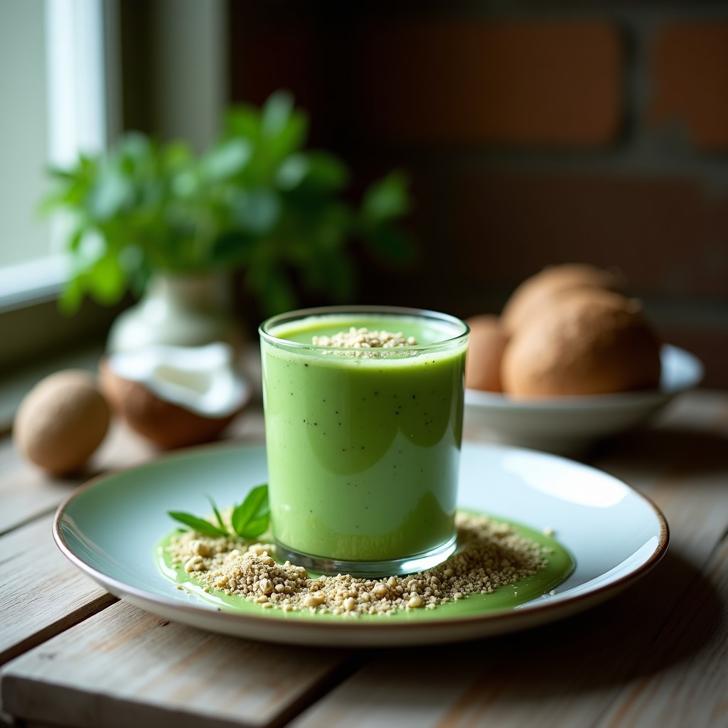Vaso alto transparente con batido verde cremoso de espirulina y leche de cáñamo, coronado con coco rallado blanco. Fondo de madera clara con semillas de chía y plátano en rodajas como decoración.