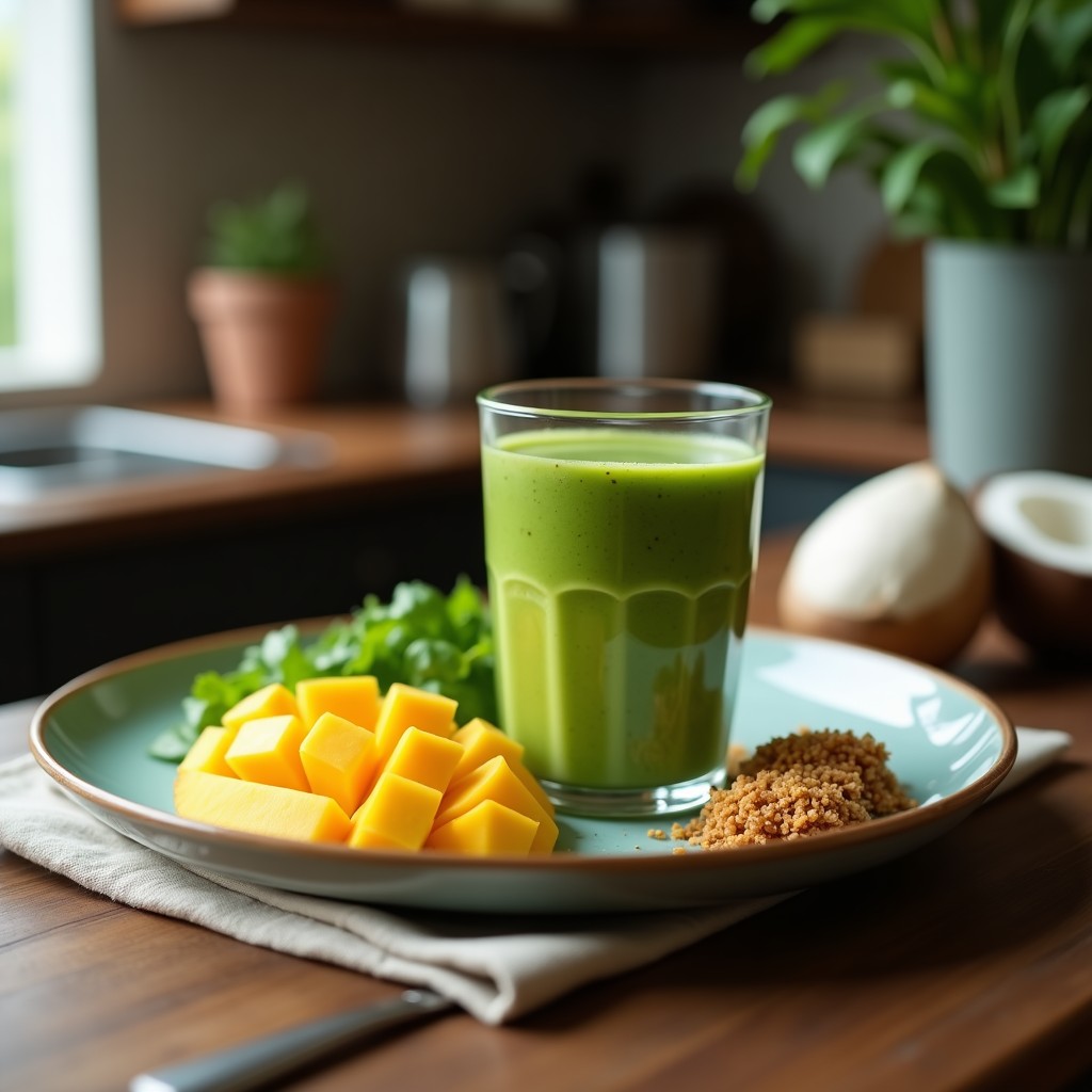 Vaso alto transparente con batido de espirulina mango y coco, de color verde vibrante con espuma cremosa, decorado con trozos de mango fresco y una pizca de canela. Fondo minimalista con hojas de coco y luz natural.