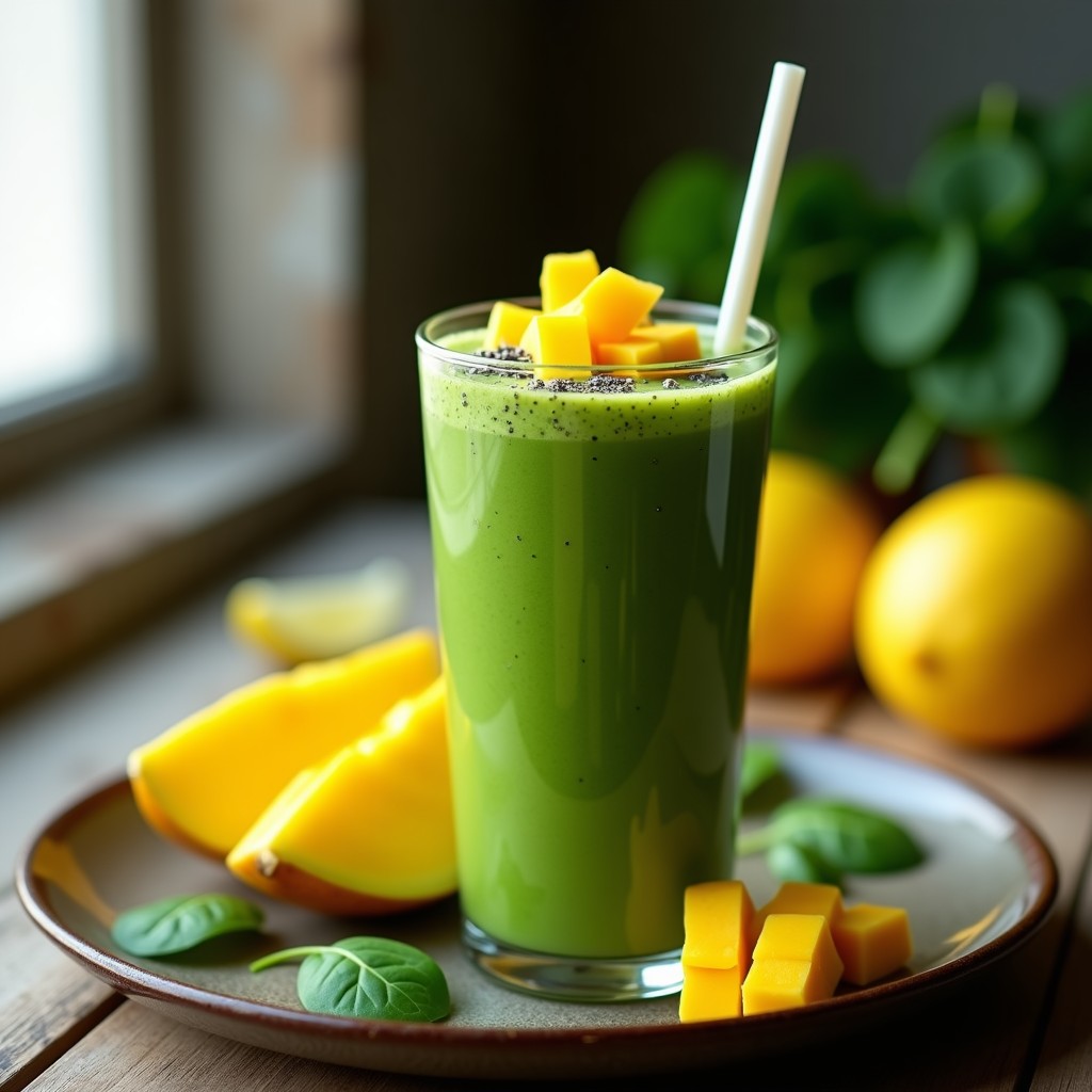Vaso alto transparente con batido verde de espirulina y mango con jengibre, decorado con rodajas de mango y una pizca de espirulina en polvo, sobre una mesa de madera con hojas de espinaca y trozos de jengibre alrededor.