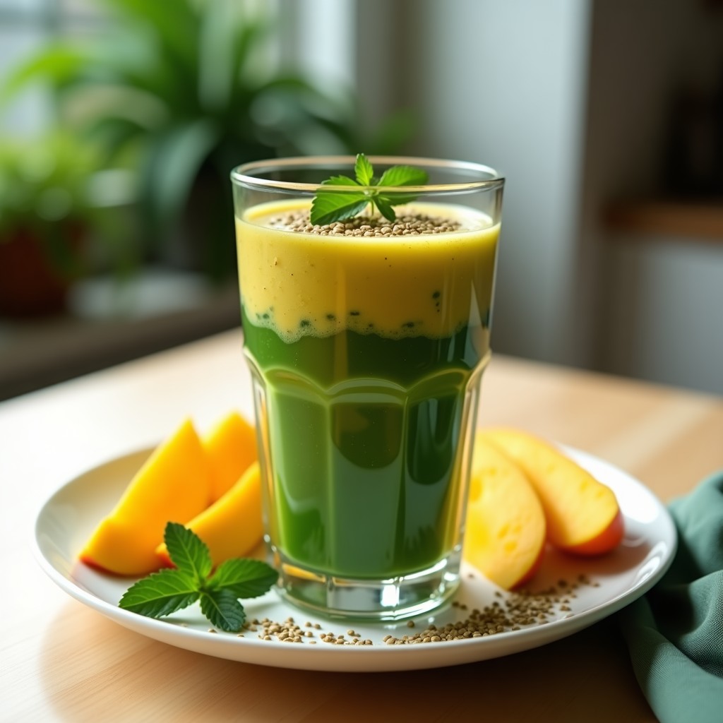 Vaso alto transparente con batido de espirulina y mango vegano, de color verde esmeralda intenso con vetas doradas, decorado con semillas de cáñamo y espirulina en polvo. Fondo claro con hojas de menta y rodajas de mango fresco.