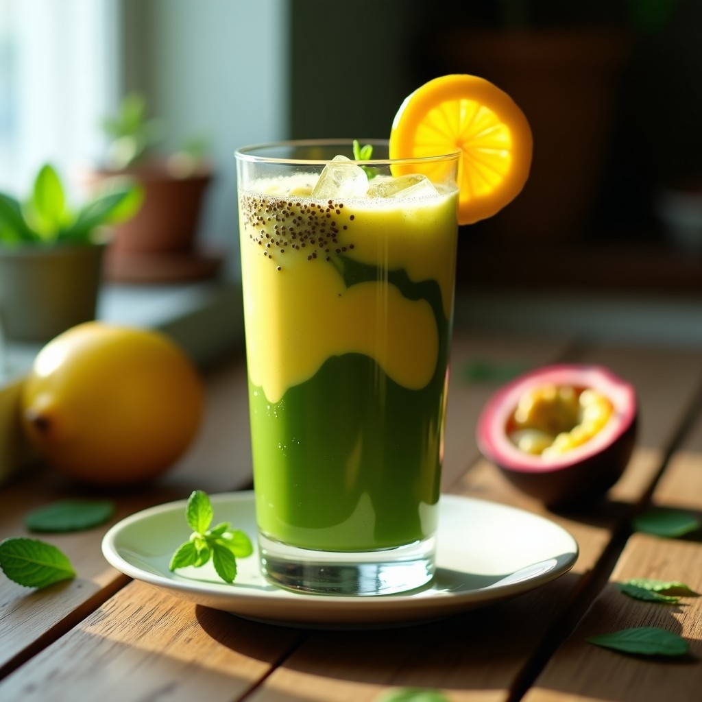 Vaso alto transparente con batido de espirulina y maracuyá de color verde intenso con vetas amarillas, decorado con semillas de cáñamo y una rodaja de maracuyá. Fondo de encimera de madera con hojas de menta y luz natural.