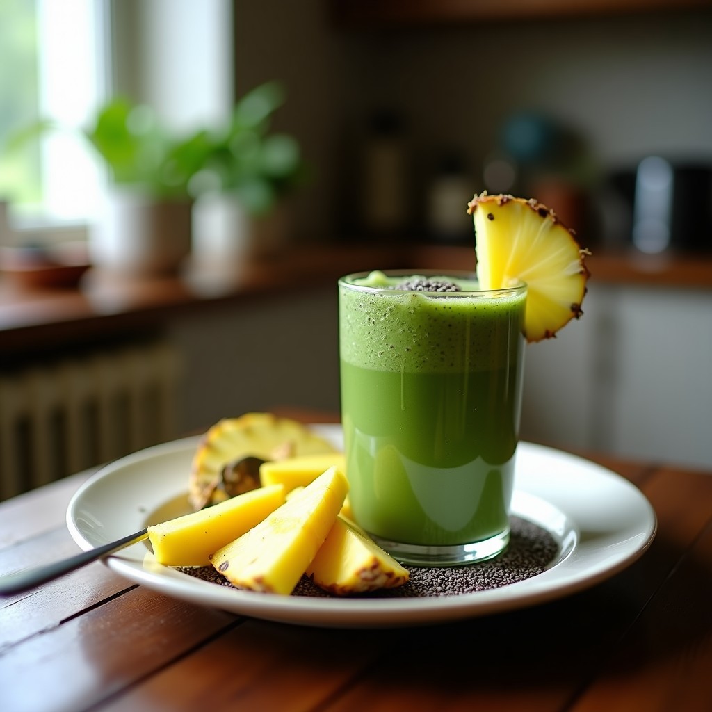 Vaso alto transparente con batido verde esmeralda de espirulina, piña y coco, coronado con semillas de cháivar y coco rallado. Fondo con hojas de piña y luz natural resaltando la textura cremosa.
