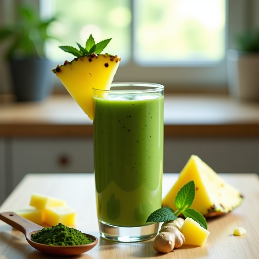 Vaso alto transparente con batido verde esmeralda de espirulina y piña, decorado con una rodaja de piña y hoja de menta, sobre fondo de madera clara con ingredientes dispersos: cucharadita de espirulina, trozos de piña y jengibre fresco.