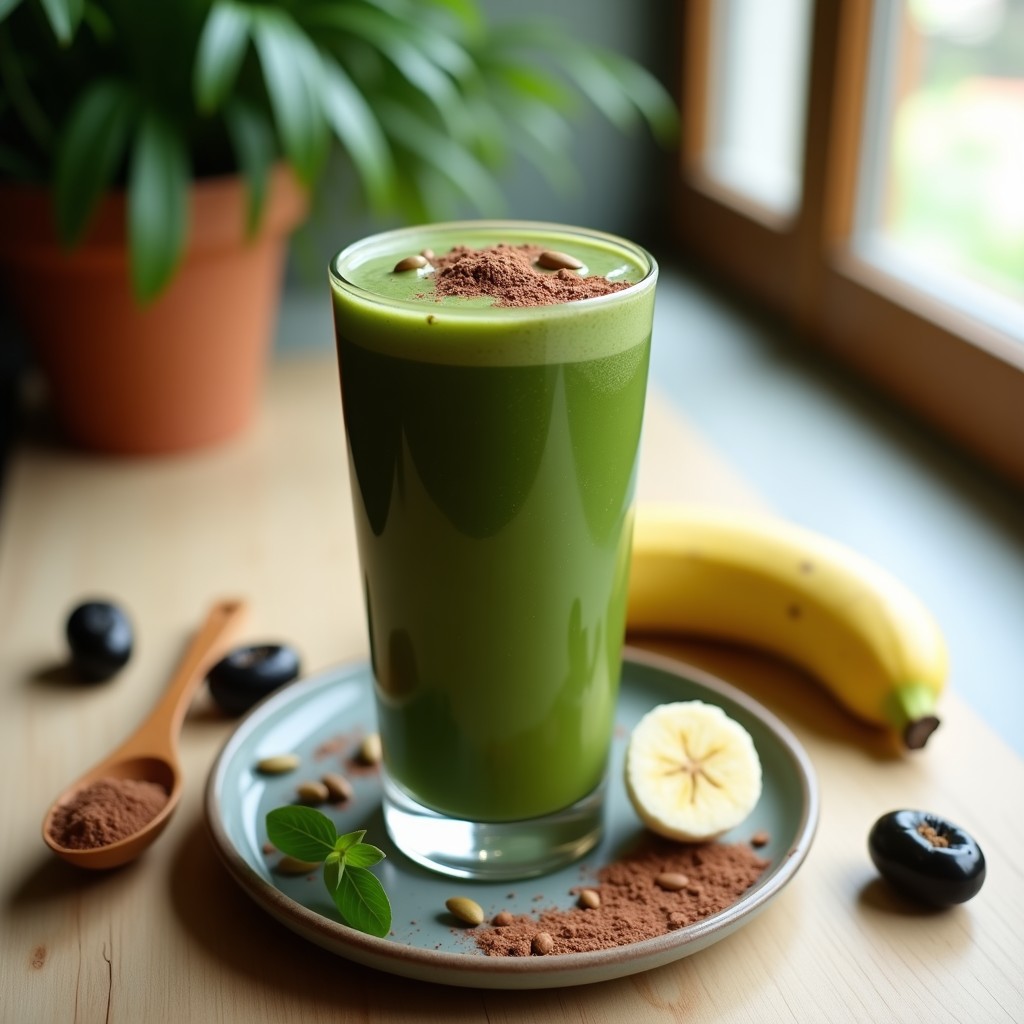 Vaso alto transparente con batido verde oscuro de espirulina, plátano y cacao, espolvoreado con semillas de lino y cacao en polvo, sobre fondo blanco con ingredientes alrededor: plátano, dátiles y cucharadita de espirulina.