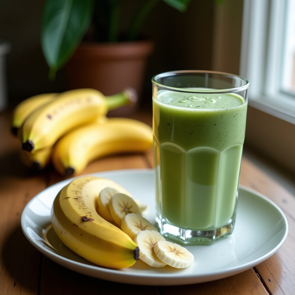 Vaso alto transparente con batido verde azulado de espirulina y plátano, coronado con canela en polvo y semillas de lino, servido sobre una tabla de madera rústica con un plátano y una cucharadita de espirulina al lado.