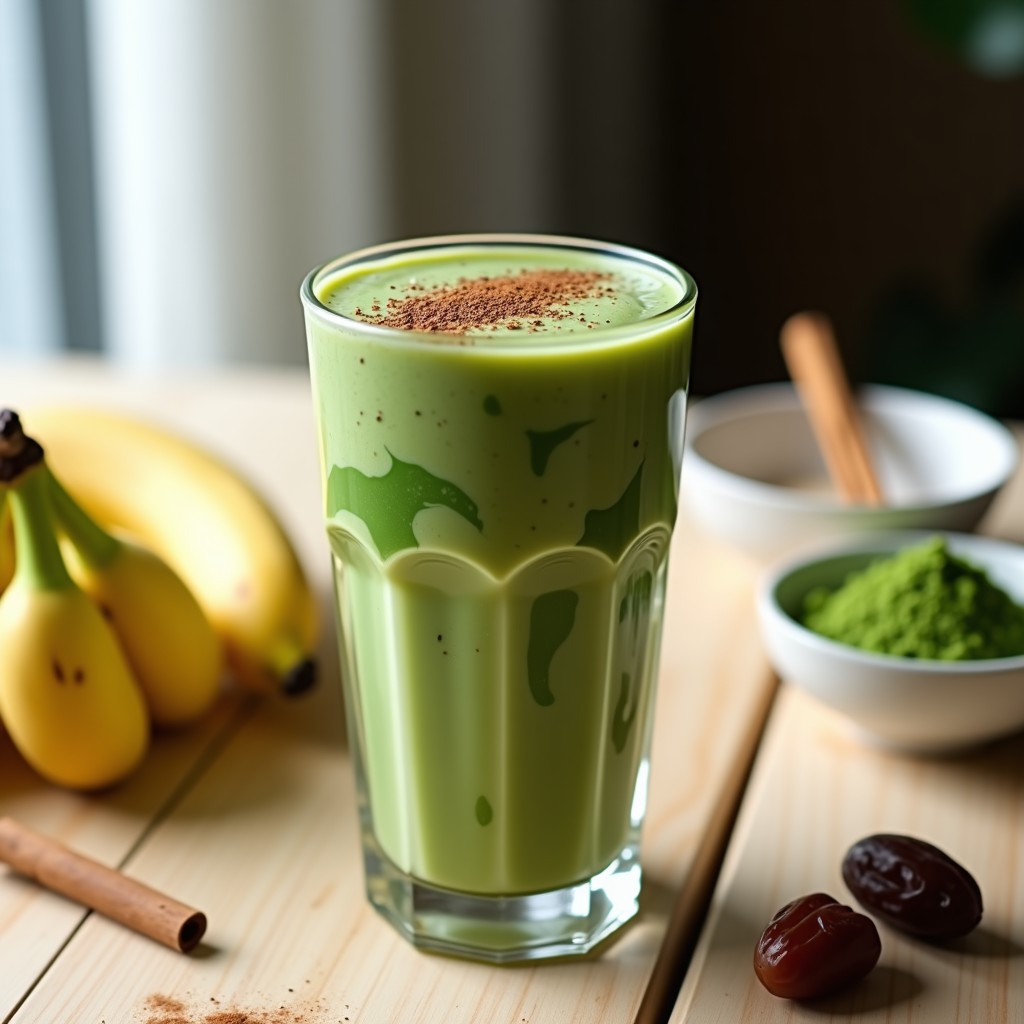 Batido verde esmeralda servido en vaso transparente alto, con capas visibles de espirulina y semillas de chía en la superficie. Fondo con ingredientes: plátano, limón, espirulina en polvo y leche de coco. Imagen fresca y vibrante.