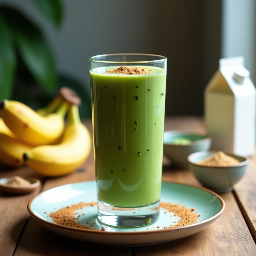 Vaso alto de cristal con batido verde esmeralda de espirulina y plátano, coronado con semillas de cáñamo y un espolvoreado de canela, sobre una mesa de madera con ingredientes frescos al fondo: plátanos, espirulina en polvo y leche de almendras.