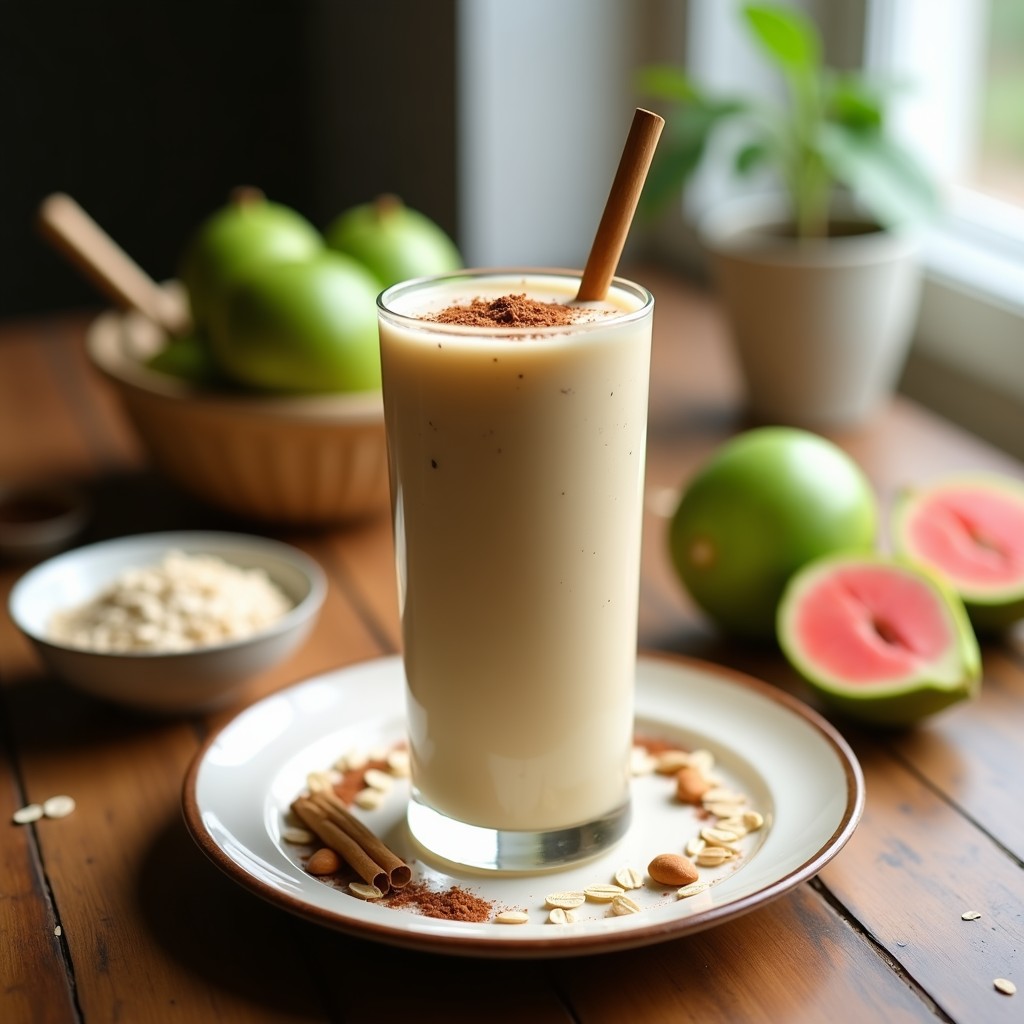 Batido cremoso de color beige claro servido en un vaso de cristal alto con pajita de bambú, decorado con una pizca de canela y semillas de cardamomo alrededor. Al fondo, guayabas frescas y hojas de cardamomo sobre una mesa de madera rústica, iluminado con luz natural.