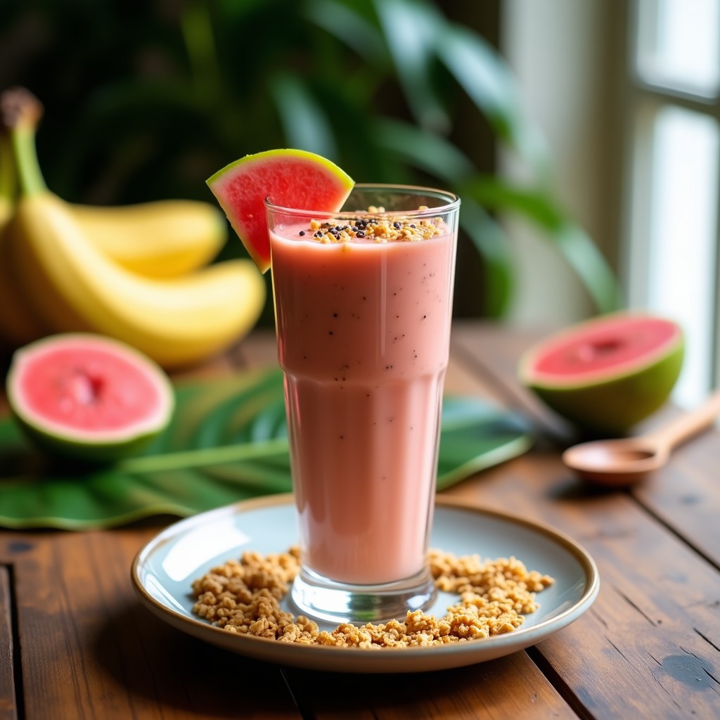 Vaso alto transparente con batido cremoso de color salmón claro, coronado con granola dorada, semillas de chía oscuras y rodajas de guayaba fresca. Fondo de madera rústica con hojas de plátano y una cuchara de madera.